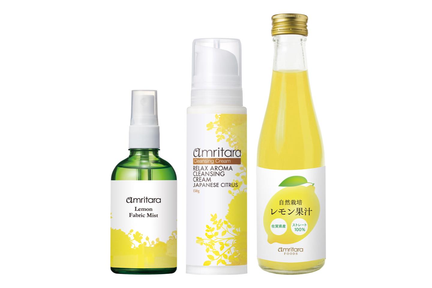 左から/アムリターラ レモンファブリックミスト 100ml ¥1,800、同 リラックスアロマクレンジングクリーム ジャパニーズシトラス 150g ¥4,300、同 佐賀県産 自然栽培レモン果汁 ストレート100% 200ml ¥800