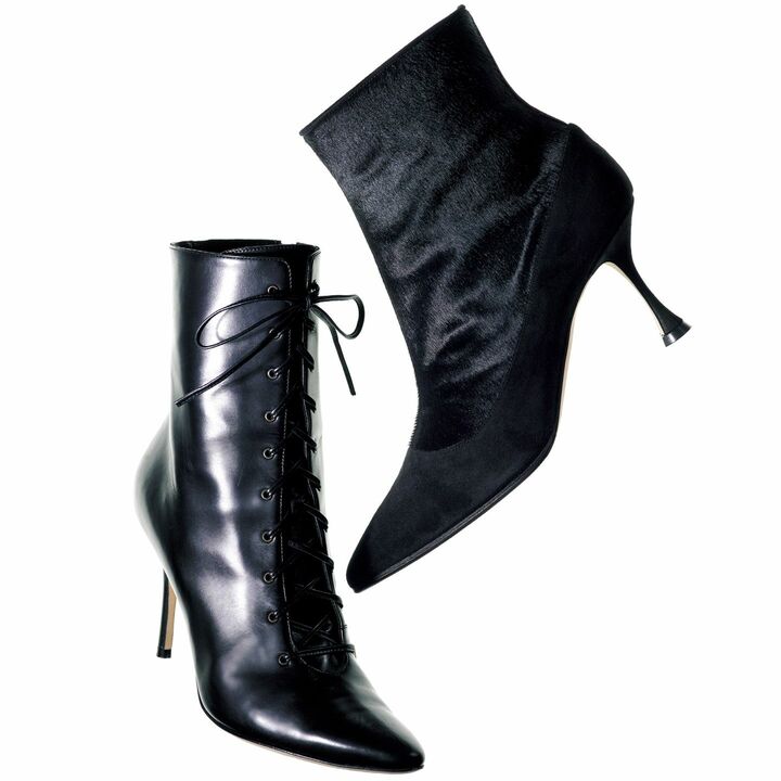 上から／靴『ドロロフ』［ヒール7cm］￥177,000・靴『ボーディンモッド』［ヒール9cm］￥163,000（ブルーベル・ジャパン〈マノロ ブラニク〉）　[Precious2018年12月号276ページ] 　