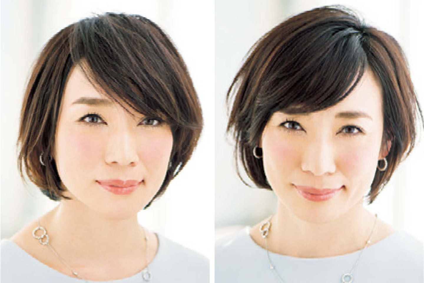 内側の短い髪は分け目部分を短く、サイドにいくほど長くなるよう気持ち斜めにカットしてあるので、長い髪と一緒に流しても、逆サイドに流しても違和感なし。自然な仕上がりなので、大人の女性にも取り入れやすい。