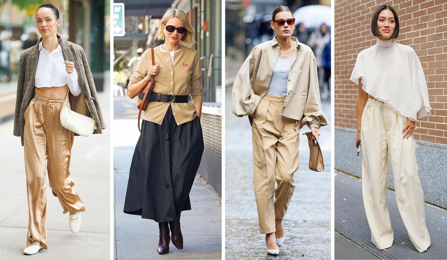 マチュアなベージュの装いを纏った海外のファッショニスタ