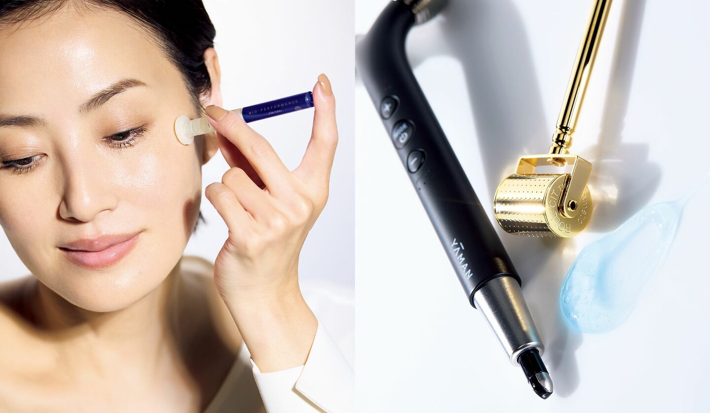 美容液などのアイテムとモデル顔のアップ