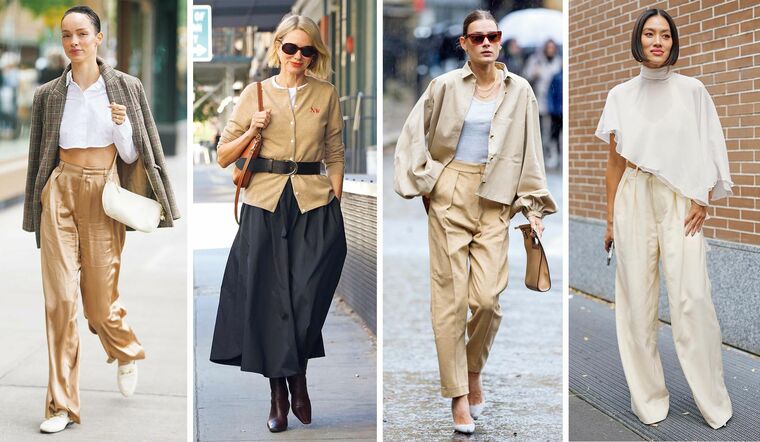 マチュアなベージュの装いを纏った海外のファッショニスタ