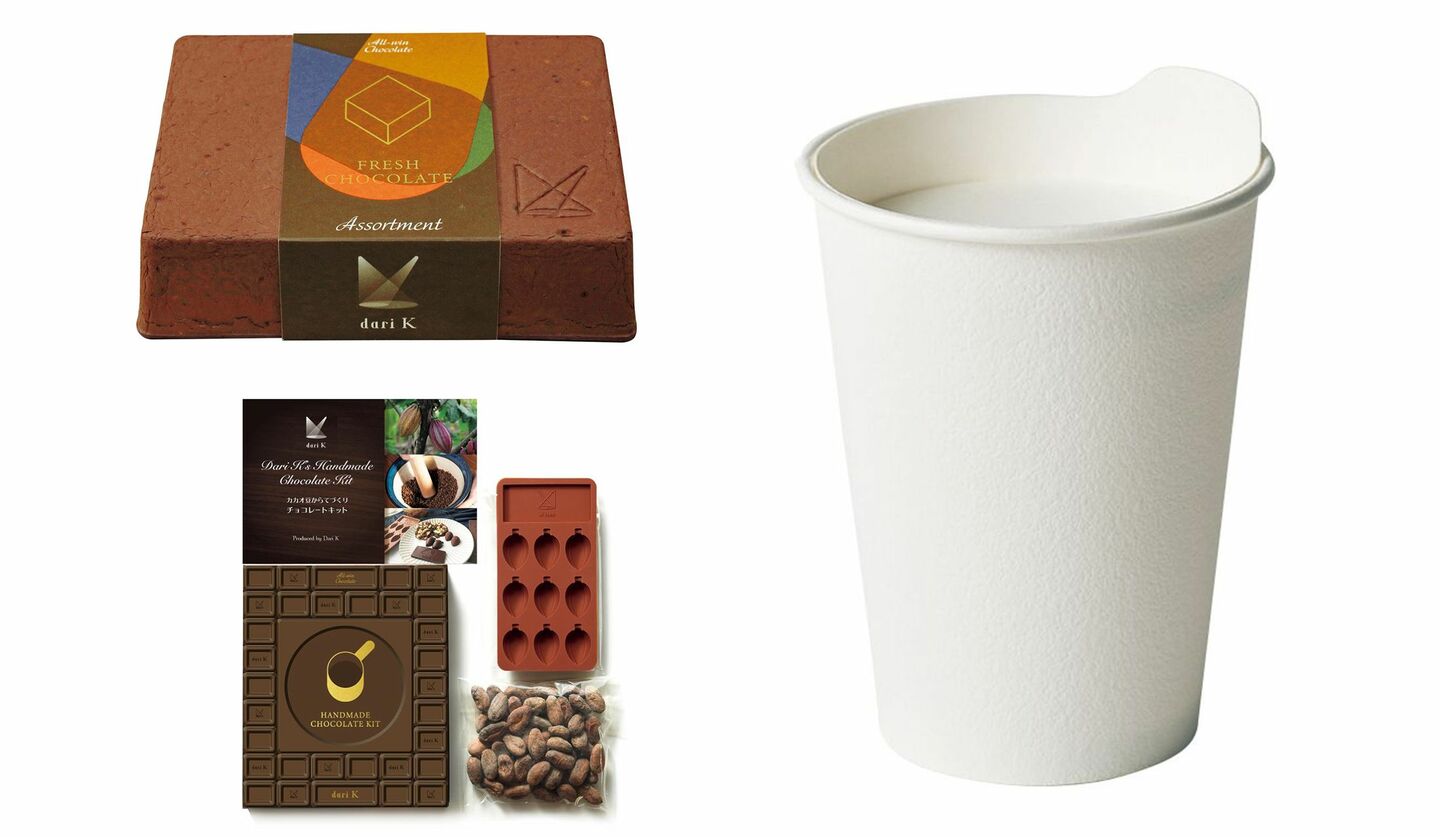 チョコレート専門店「Dari K／ダリケー」の商品と農家の皆さん、紙のコーヒーカップとふた