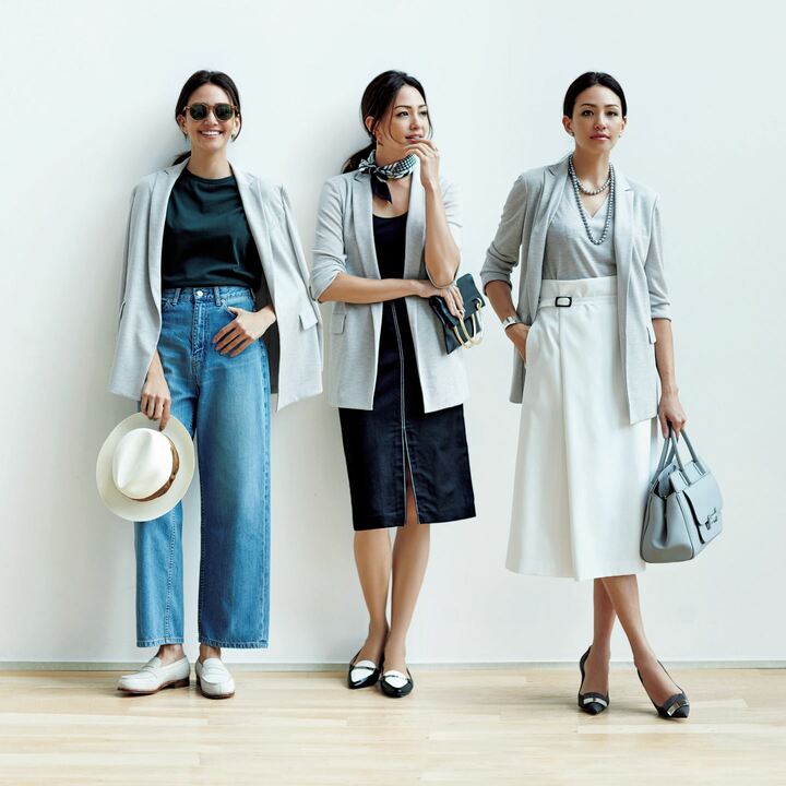 1着のジャケットを3通りに着回し。ジャケット￥36,000（wb）、【左】カットソー￥10,000（アングローバル〈イレーヴ〉）、パンツ￥24,800（showroom SESSION〈サージ〉）、サングラス￥30,000（モスコット トウキョウ〈モスコット〉）、帽子￥53,000（ボルサリーノ ジャパン）、靴￥141,000［オーダー価格］（J.M. WESTON 青山店）／【中】カットソー￥18,000（コロネット〈アバティ〉）、スカート￥43,000（showroom SESSION〈サヤカ デイヴィス〉）、スカーフ￥7,000（ADORE））、ピアス￥92,000・リング￥155,000（showroom SESSION〈マリハ〉）、バッグ￥27,000（wb）、靴￥89,000（トッズ・ジャパン）／【右】トップス￥17,000（wb）、スカート￥29,000（ADORE）　ピアス￥16,000・ネックレス［短］￥43,000・［長］￥72,000（チェルキ〈ミッレ〉）、バングル￥124,000（ストラスブルゴ〈ソフィー ブハイ〉）、バッグ￥220,000（トッズ・ジャパン）、靴￥95,000（セルジオ ロッシ）