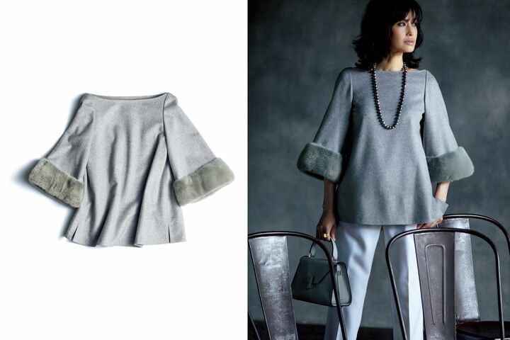 プルオーバートップス『ミーナ』￥370,000［サイズ：38 号（＝9 号）］（ オールウェイズ〈MIKAKONAKAMURA〉）・ パンツ￥33,000（スローウエアジャパン〈インコテックス〉）・ リング￥200,000（ステディ スタディ〈トムウッド〉） ・ネックレス￥520,000（マダマ 伊勢丹新宿店）・ バッグ￥318,000（ヴァレクストラ・ジャパン）