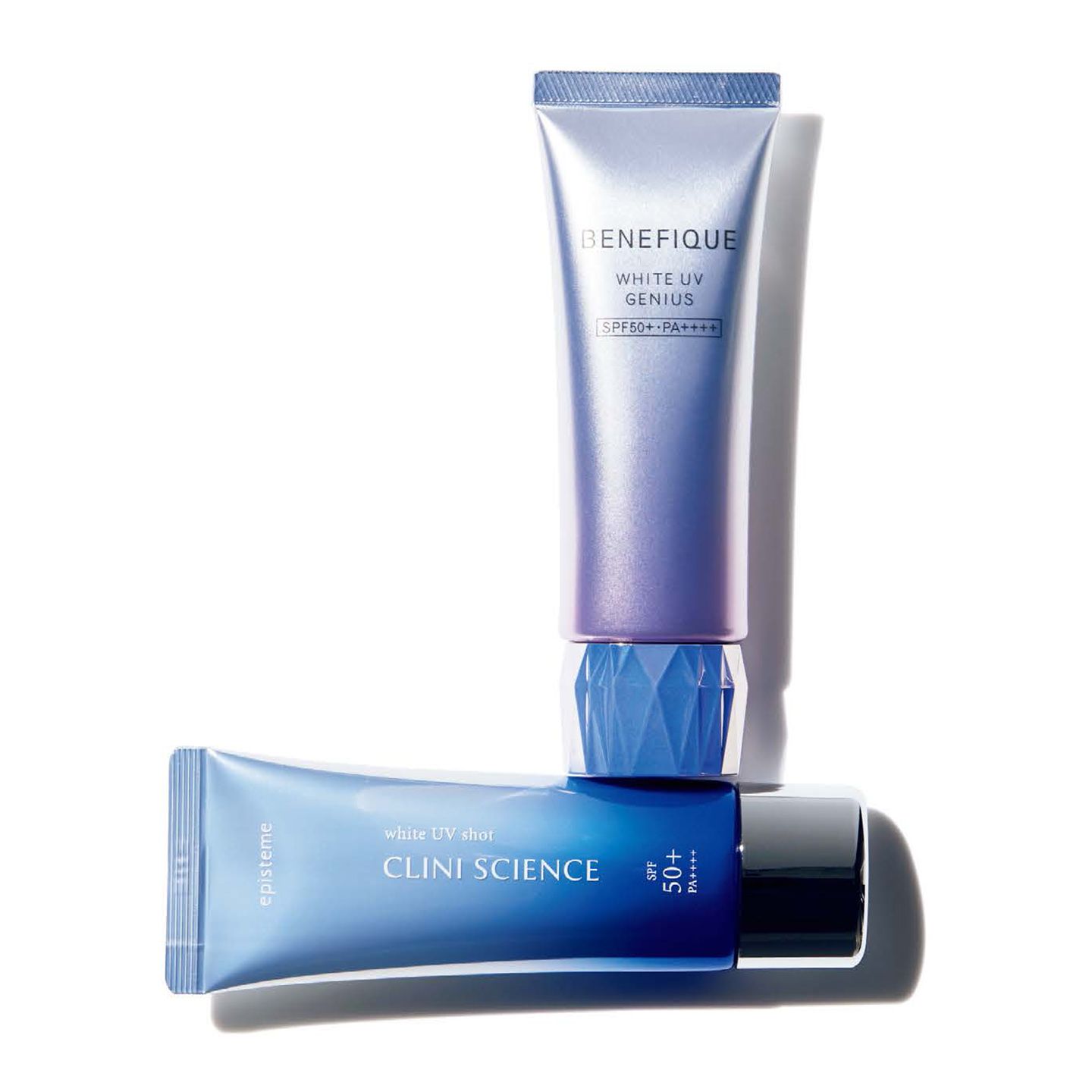 上から/資生堂 ベネフィーク ホワイトUVジーニアス SPF50+・PA ++++ 50g ¥6,000(編集部調べ/医薬部外品)、ロート製薬 エピステーム ホワイト UV ショット SPF50+・PA++++ 40g ¥6,500