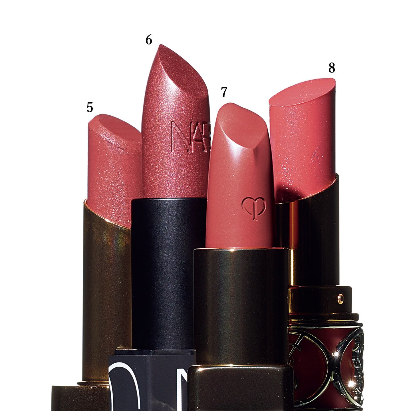1.エスティ ローダー ピュア カラー デザイア リップスティック 111 ¥4,900、2.NARS リップスティック 2927 ¥3,300、3.クレ・ド・ポー ボーテ ルージュアレーブル n4 ¥6,000、4.イヴ・サンローラン・ボーテ ルージュ ヴォリュプテ シャイン No.8 ¥4,100