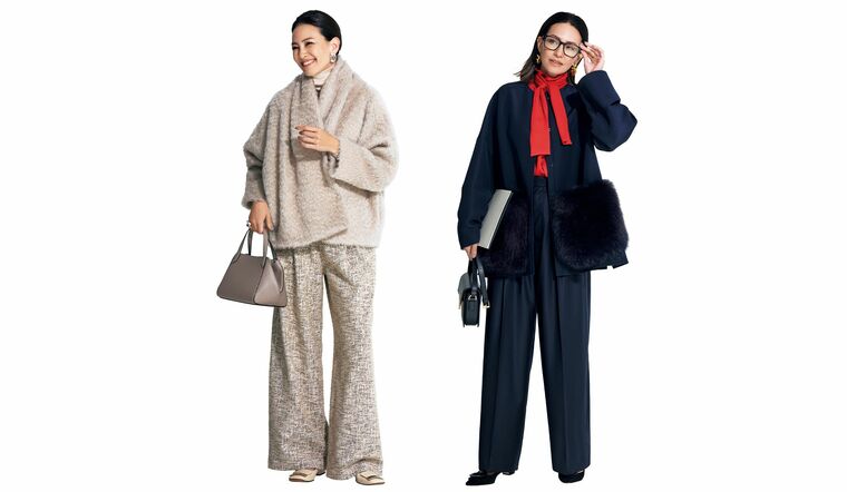 「ドゥロワー」と「オーヴィル」のコートを着用したモデルのRINAさん