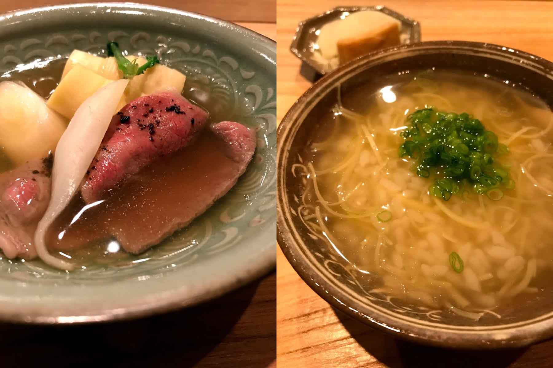 旬のタケノコなどを添えた牛肉のしゃぶしゃぶ。その後は出汁を使った雑炊に。