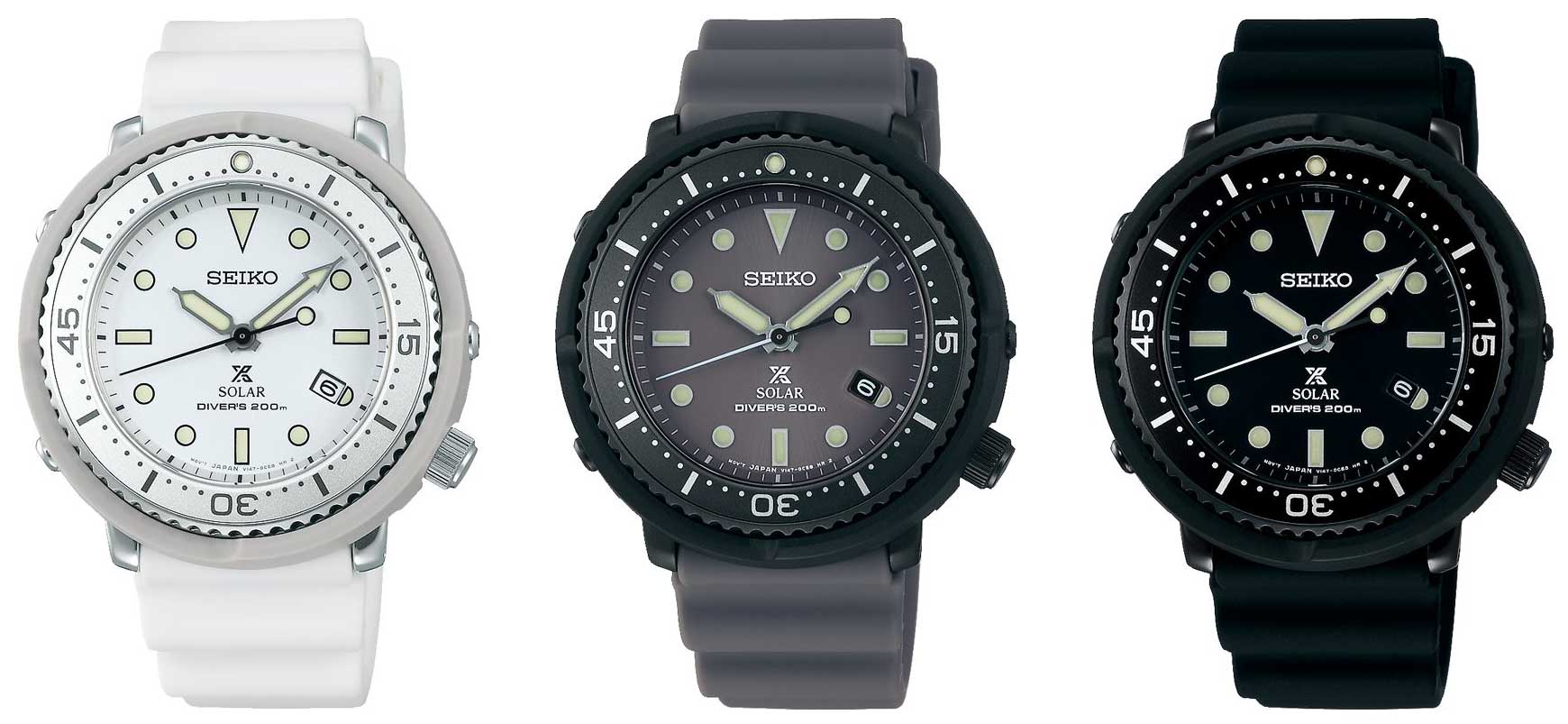 【セイコー プロスペックス『Diver Scuba LOWERCASE Special Edition』】3つのカラーを展開するレギュラーモデル。写真右ふたつSTBR023とSTBR025のケースには、裏ぶたに用いるステンレススチール部分に硬質コーティングが施されている。●ソーラー(V147)ムーブメント ●ケース径42.7mm×厚さ11.5mm ●200m潜水用防水 ●ステンレススチール(ケース・裏ぶた)、強化プラスチック(プロテクター)写真左¥40,000(STBR021)・写真右2つ¥45,000(STBR023、STBR025)(セイコーウオッチお客様相談室)