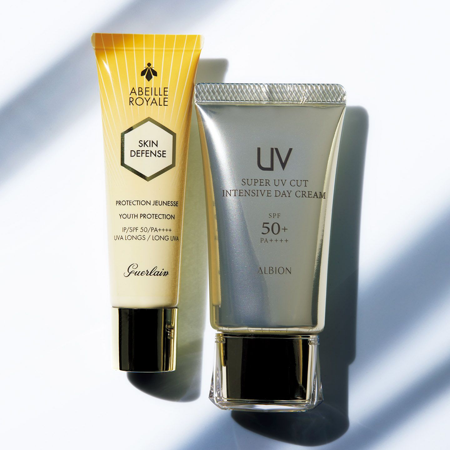 左から/ゲラン アベイユ ロイヤル UV スキン ディフェンス 30ml ¥9,000、アルビオン スーパー UV カット インテンシブ デイクリーム 50g ¥10,000