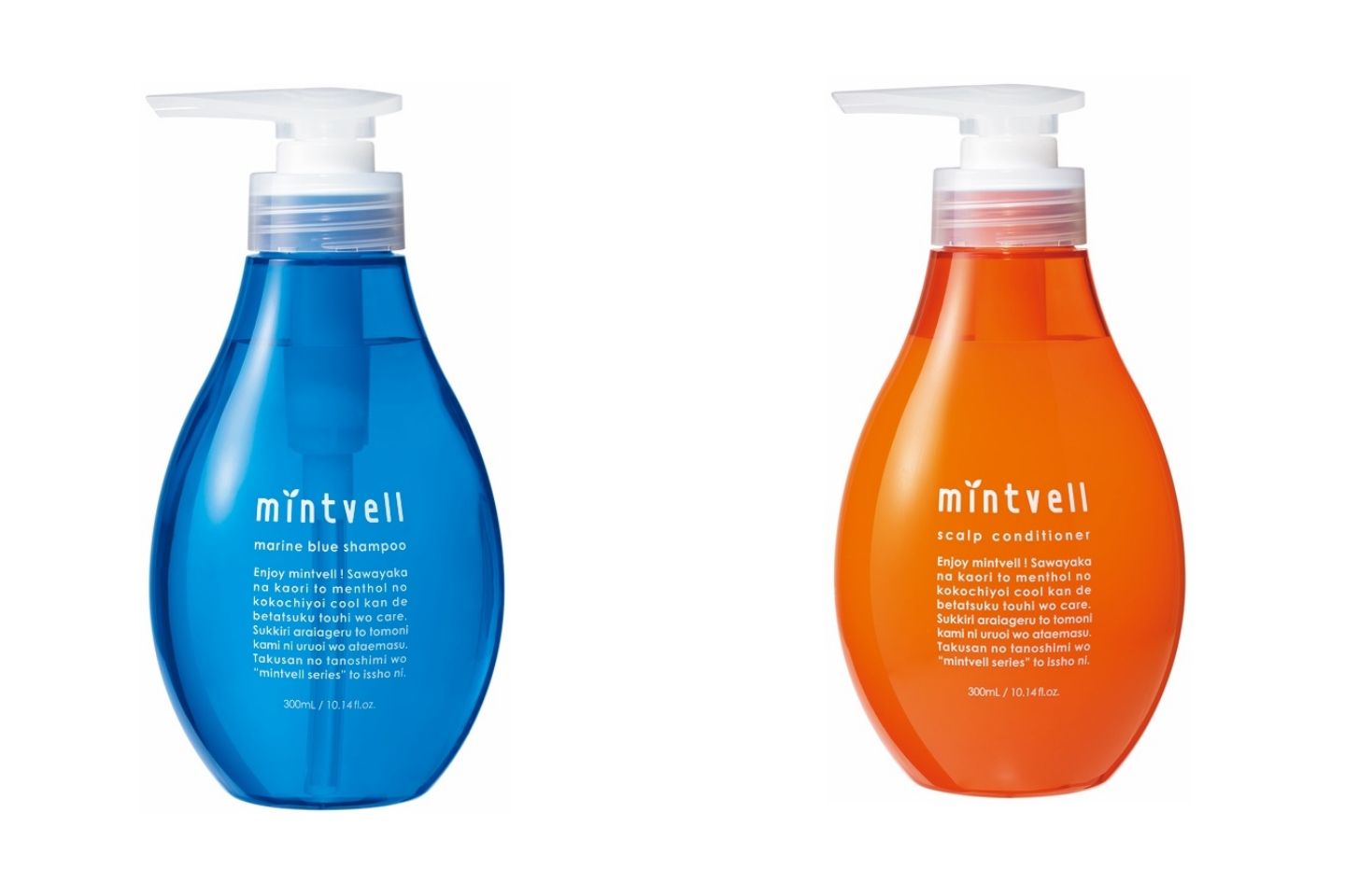 左からサンコール ミントベル マリンブルーシャンプー 300mL ¥1,680、ミントベル スキャルプコンディショナー 300mL ¥2,380