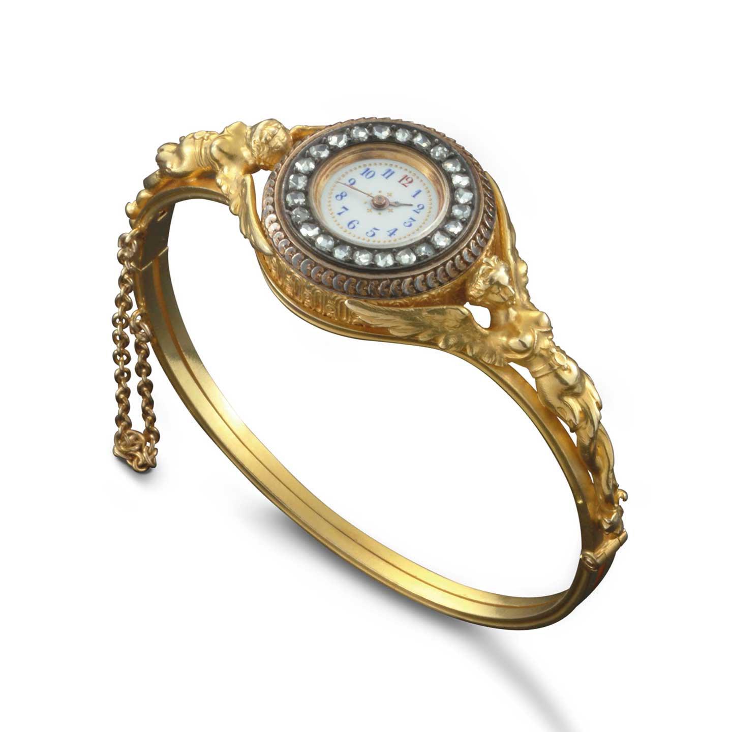 1889年製のジュエリーウォッチ。翼の生えたふたりの女神をかたどったブレスレットの、精緻な金細工は圧巻の美しさ。