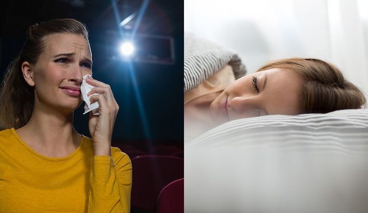 映画館で泣く女性とベッドで眠る女性