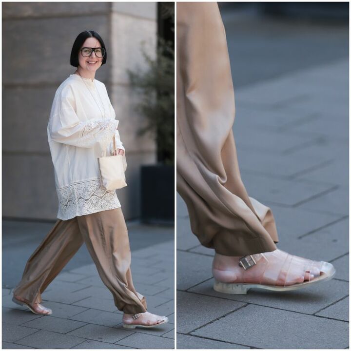 ゆったりシルエットと、コンフォートサンダル。肩肘張らないのに上品なのは、優しい色使いのおかげ。