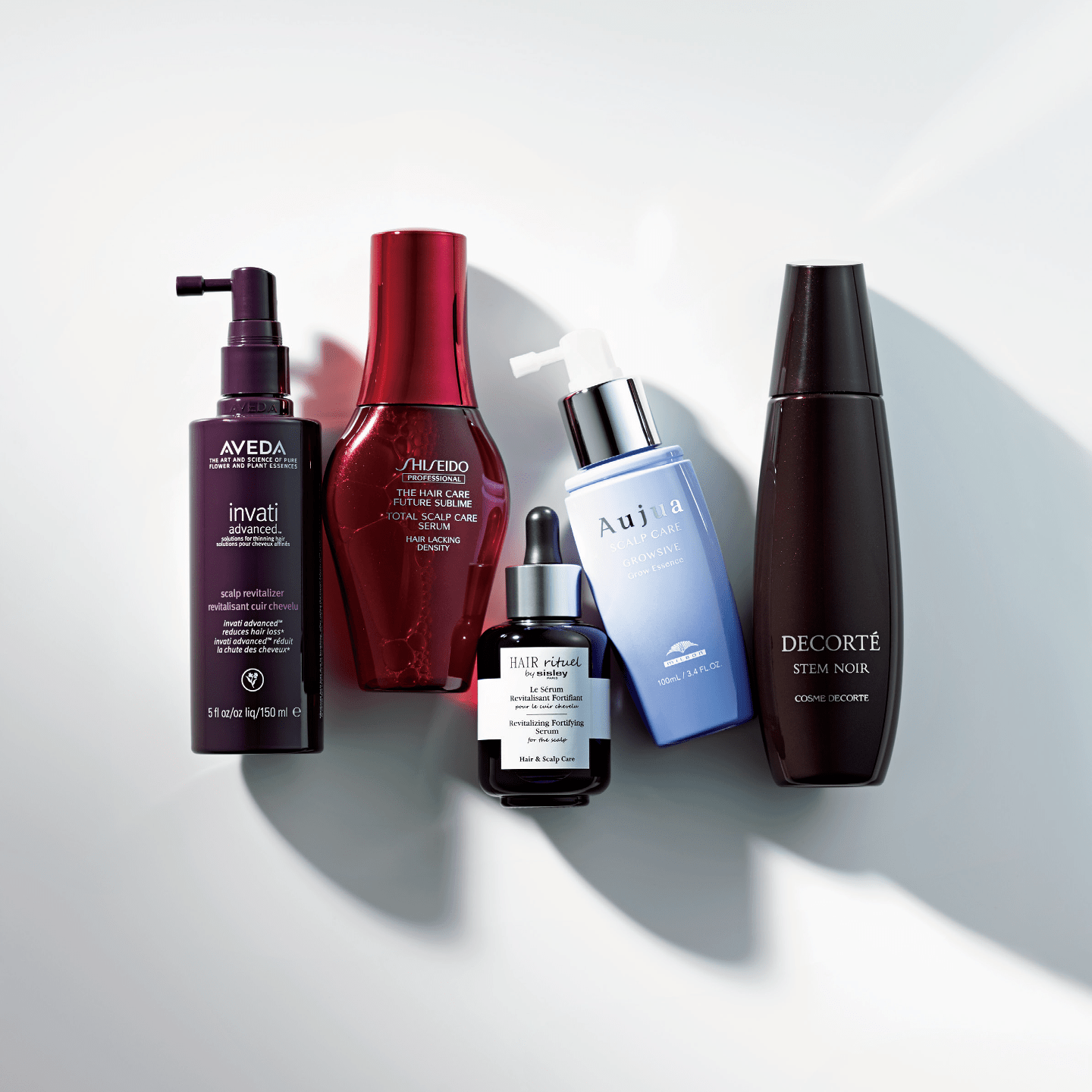 左から/1.アヴェダ インヴァティ アドバンス ヘア&スカルプ エッセンス 150ml ¥8,200、2.資生堂プロフェッショナル ザ・ヘアケア フューチャーサブライム トータルスカルプケアセラム 125ml ¥5,000、3.シスレー ヘア リチュアル フォーティファイング セラム フォー ザ スカルプ 60ml ¥19,800、4.ミルボン オージュア・グロウシブ グロウエッセンス 100ml ¥6,000(医薬部外品/美容室限定商品)、5.コスメデコルテ ステムノワール 170ml ¥6,000(医薬部外品)