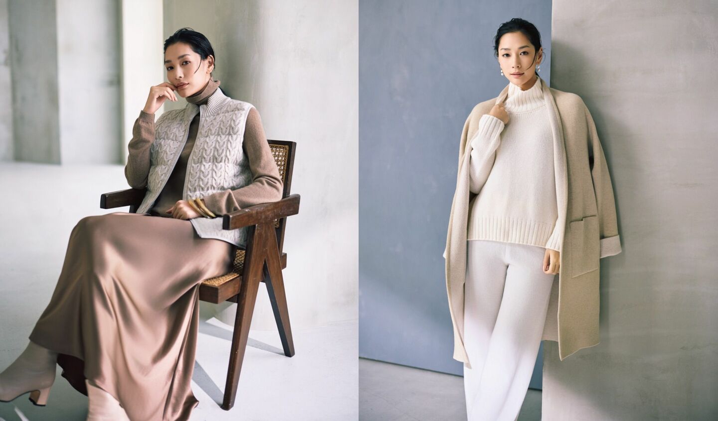 ファルコネーリのカシミヤニットを着用したモデル大塚まゆか