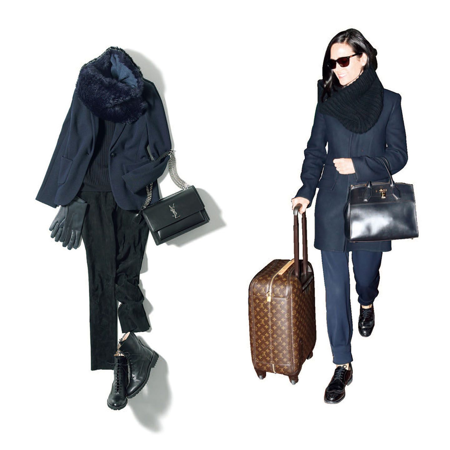 左/ジャケット¥77,000(東レ・ディプロモード〈セブンティ〉)、ニット¥21,000(HAUNT代官山/ゲストリスト〈HAUNT〉)、パンツ¥190,000(エスカーダ・ジャパン〈エスカーダ〉)、スヌード¥79,000(コロネット〈アバティ〉)、グローブ¥27,000(リーミルズ エージェンシー〈デンツ〉)、靴¥165,000(ウールン商会〈ファビアナ フィリッピ〉)、バッグ¥275,000(イヴ・サンローラン〈サンローラン バイアンソニー・ヴァカレロ〉)右/ジェニファー・コネリー©AFLO