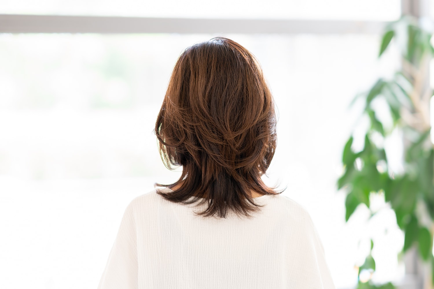 ボリュームも太さも十分の齊藤さんの髪。「ただ、前髪のあたりにエイジング毛が増えてきました。うるおいを保てなくなって、ちょっとしたことで切れたり、うねりやすくなっています」(小室さん)
そんなエイジング毛が増え始めた女性にもぴったりなのが、トップと顔周りにレイヤーを入れたスタイル。「エイジング毛は生え際に多いので、このスタイルだと目立ちません」(小室さん)
