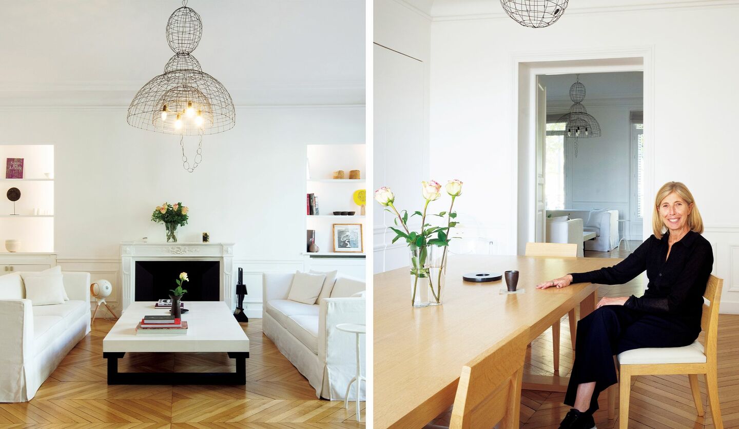 パリで暮らすソフィ・ヌヴゥーさんの自宅リビングと、椅子に腰掛けるソフィーさん