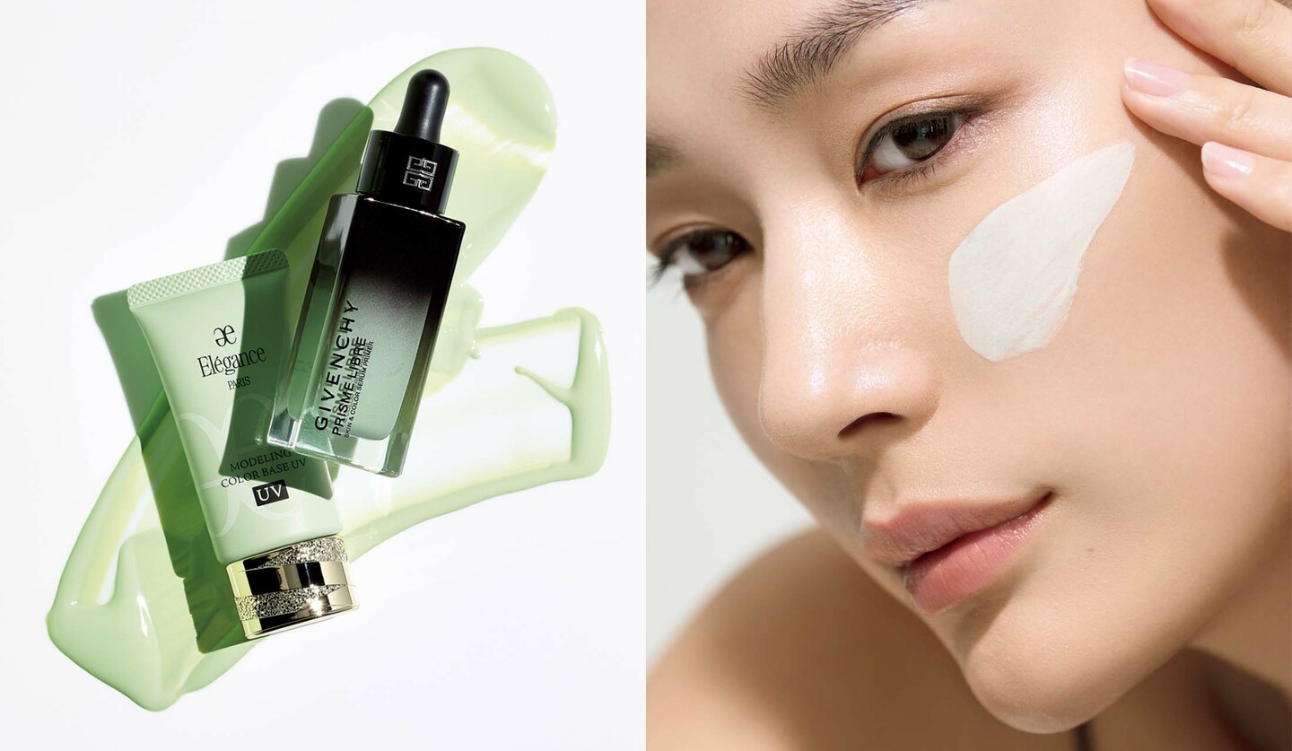 「パルファム ジバンシイ」と「エレガンス」の化粧下地と化粧下地を肌にのせるモデルの大塚まゆかさん