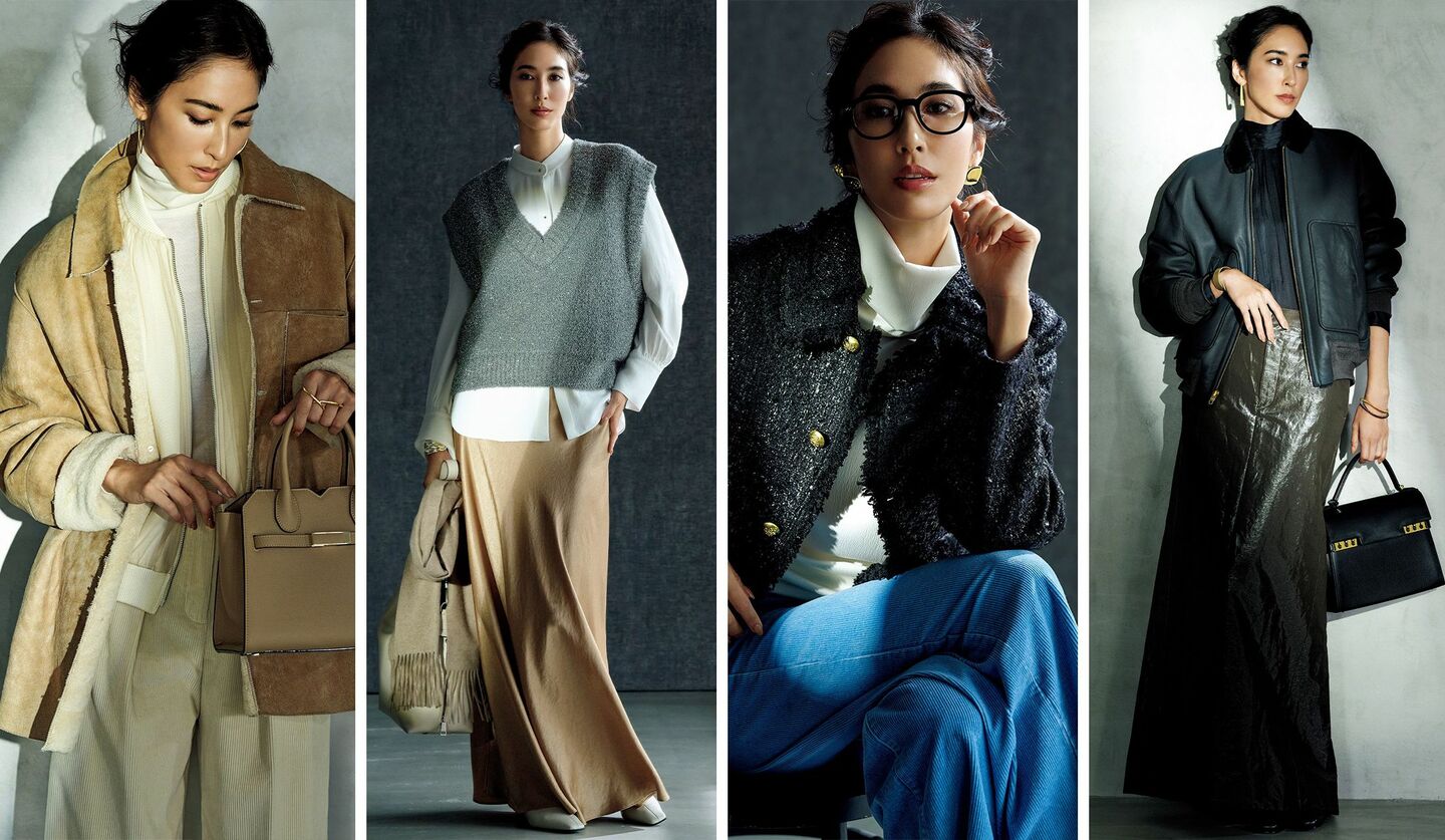 素材を重ねたコーディネートを着用したモデルの立野リカさん