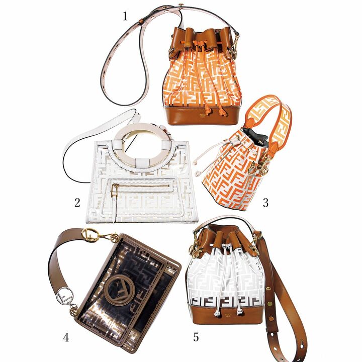 1・5／レザーパイピングが高級感を演出。色展開は白、茶、オレンジほか。『モン トレゾール』［縦23×横17×マチ15cm］各￥225,000・2／『ラナウェイ』［縦21×横28×マチ11cm／ショルダーストラップ付き］￥225,000・3／PVC素材の『ストラップ ユー』に付け替えて！『モン トレゾール』［縦18×横12×マチ10cm／レザーのハンドル、ショルダーストラップ付き］￥185,000・付け替えた『ミニ ストラップユー』￥43,000・4／シックで新鮮な趣のPVC×ブラウンレザー。『キャナイ エフ』［縦18×横25×マチ10.5cm／ショルダーストラップ付き］￥268,000 （フェンディ ジャパン）　[Precious2019年4月号252ページ] 