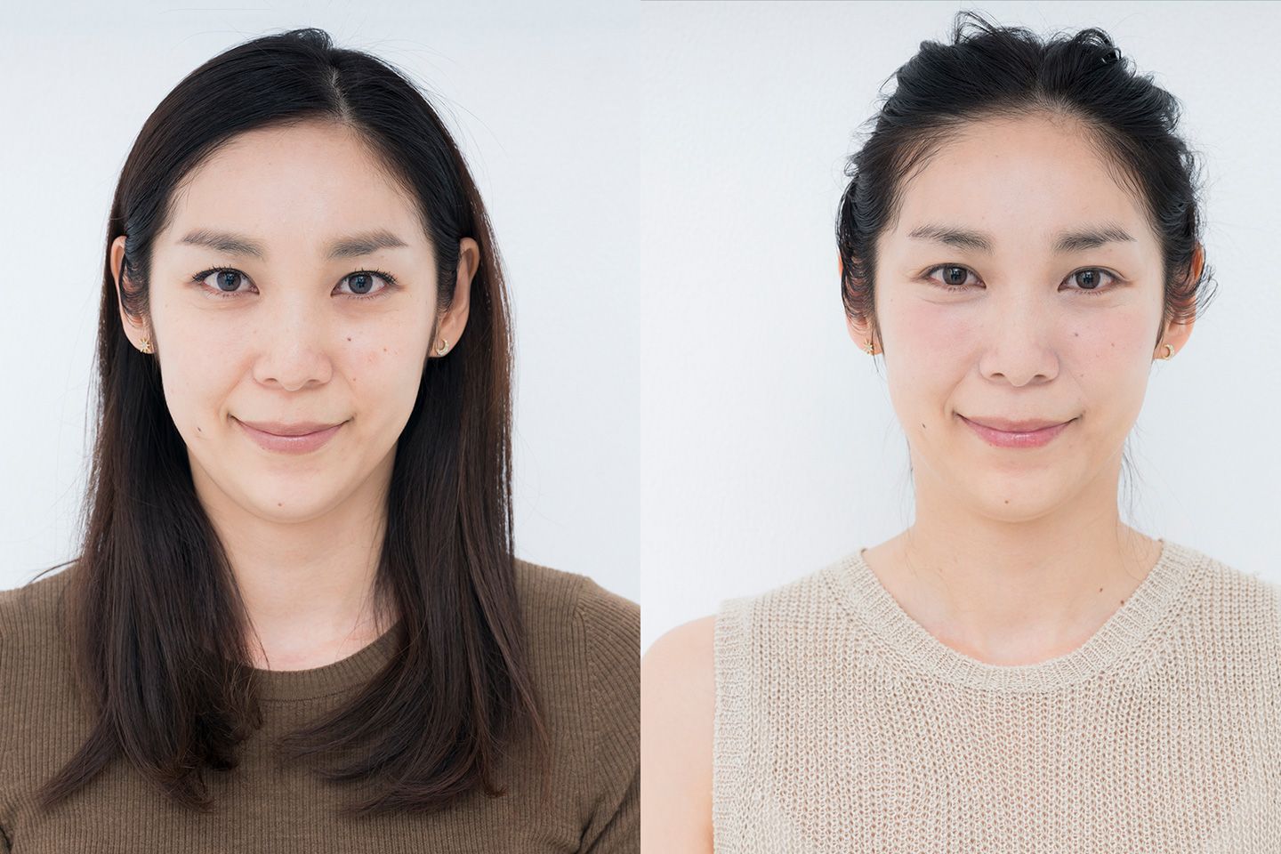 左は普段のメイク、右は今回のベースメイク。グリーンのコントロールカラーとパープルのパウダーを駆使したナチュラルな血色感を感じられる透明感あふれる均一肌に!しかも、フェースラインもきゅっと引き上がって小顔に見えませんか?