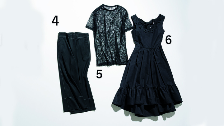 ［4］ガウチョパンツ ￥52,000（東レ・ディプロモード〈セブンティ〉）　［５］レーストップス ￥16,000（ウィム ガゼット青山店〈エルピーシー〉）　［6］フレアワンピース ￥630,000（フェンディ ジャパン）