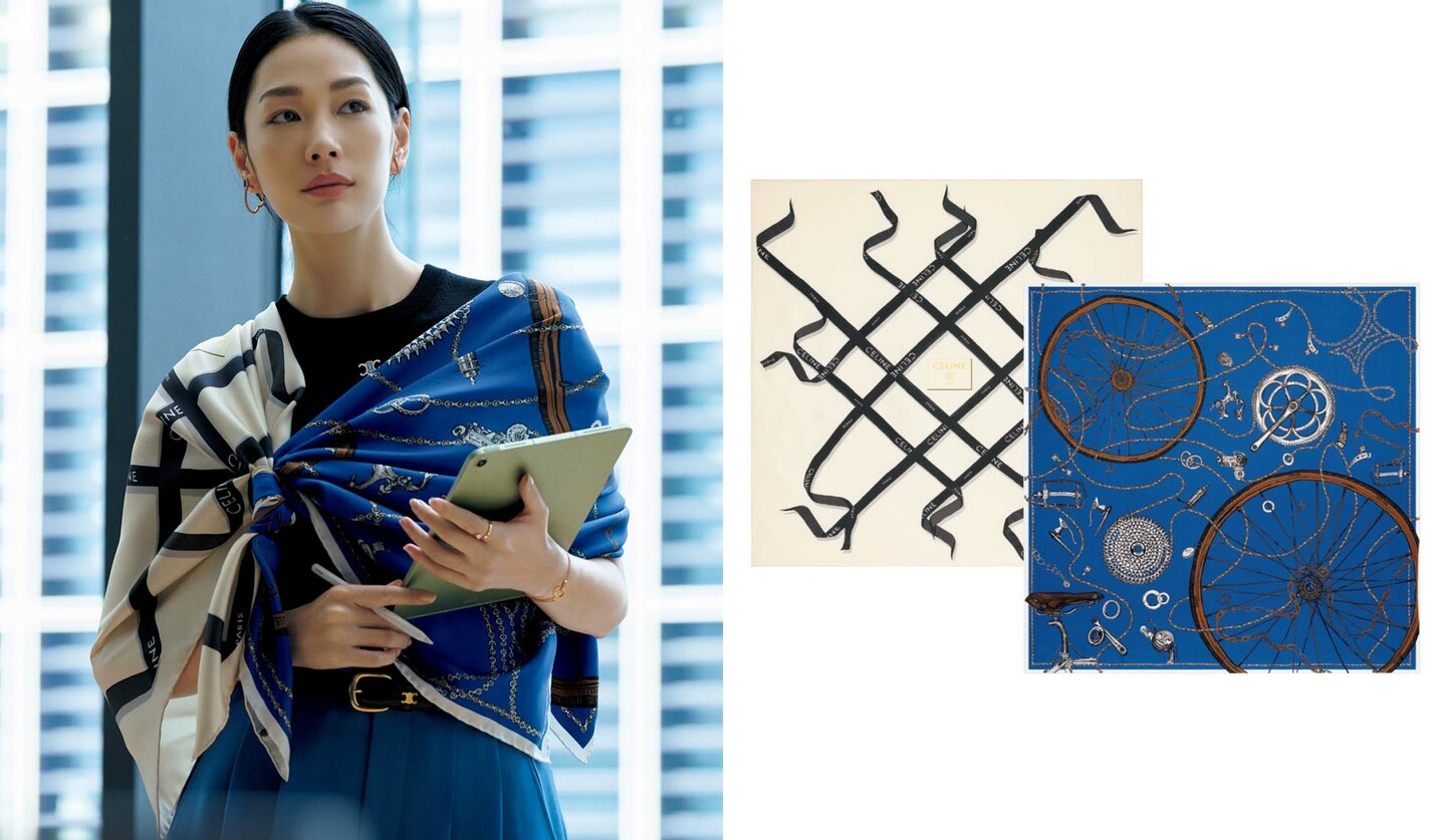 スカーフを着用したモデルの大塚まゆかさんとセリーヌのスカーフ2種