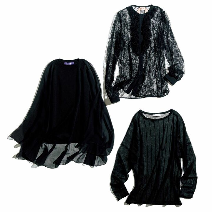 上／ブラウス￥98,000（IZA〈ヌメロ ヴェントゥーノ〉）、左／トップス￥161,000（ラルフ ローレン〈ラルフ ローレン コレクション〉）、右／トップス￥27,000（ジャンポールノット 青山店〈ジャンポールノット〉）　［Precious2019年7月号106ページ］