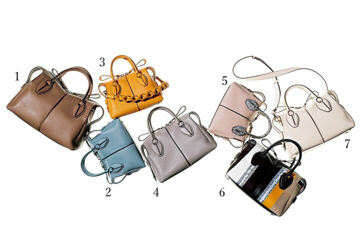 1.ミディアム［縦22.5×横34×マチ16cm］￥263,000・2.ミニ［縦16×横24×マチ12cm］￥216,000・3.ミニ［縦16×横24×マチ12cm］￥216,000・別売りストラップ￥40,000・4.［縦18.5×横29×マチ14cm］￥236,000・5.［縦16×横24×マチ12cm］￥310,000・6.スモール［縦18.5×横29×マチ14cm］￥369,000・7.スモール［縦18.5×横29×マチ14cm］￥236,000（トッズ･ジャパン）　[Precious2019年4月号56-57ページ] 