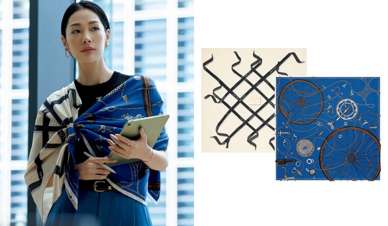 スカーフを着用したモデルの大塚まゆかさんとセリーヌのスカーフ2種