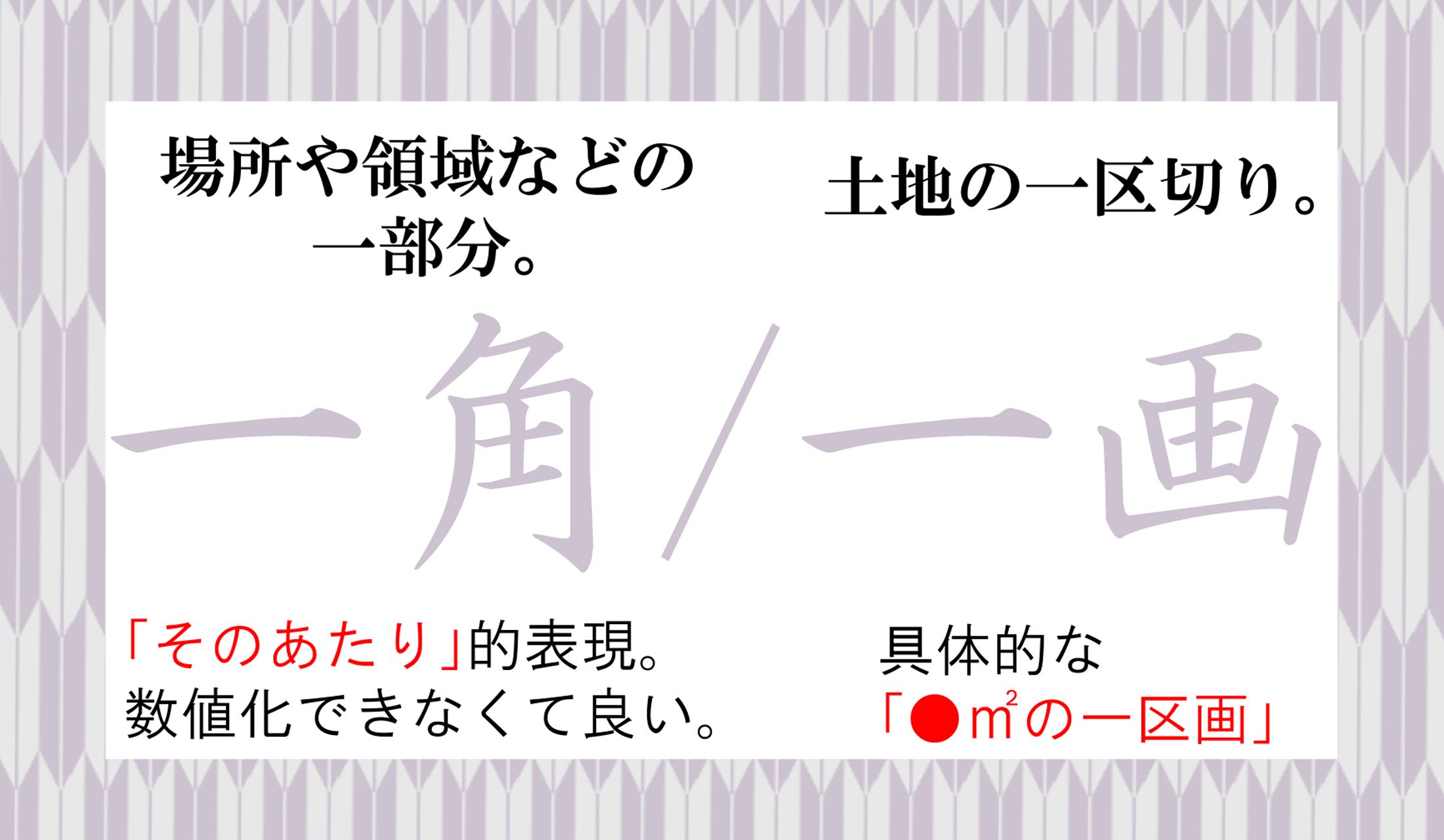 物理的に具体的な一区画を表さない、感覚的な表現の場合は、土地の場合でも「一角」です。