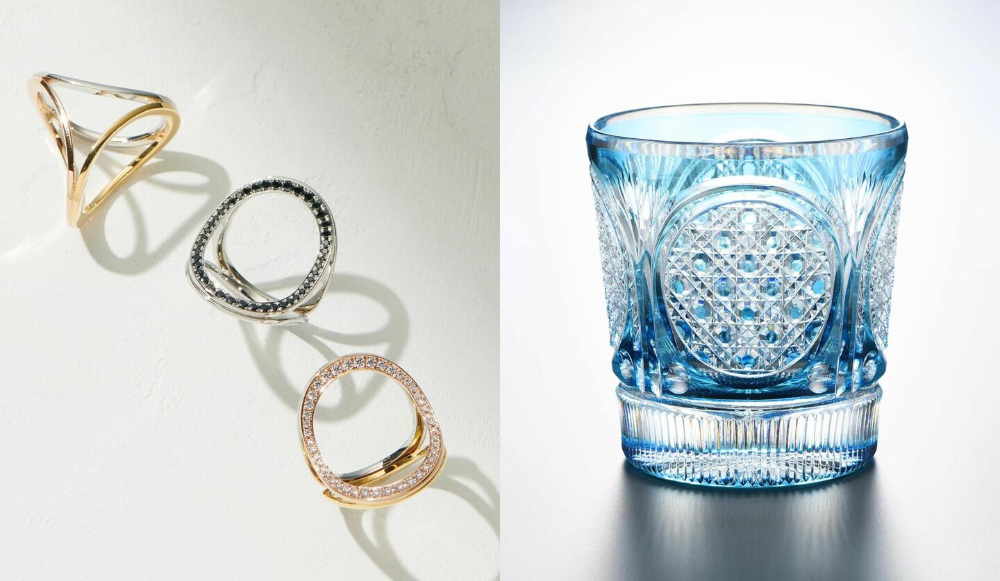 和光の時計塔90年記念品であるリングと江戸切子グラス