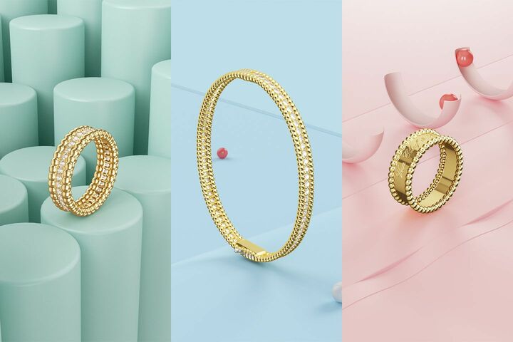 左から／リング1連モデル「ペルレ ダイヤモンド」［イエローゴールド×ダイヤモンド］￥826,200・中／ブレスレット1連モデル「ペルレ ダイヤモンド」［イエローゴールド×ダイヤモンド］￥2,430,000・右／リング「ペルレ シニアチュール」［イエローゴールド］￥270,000