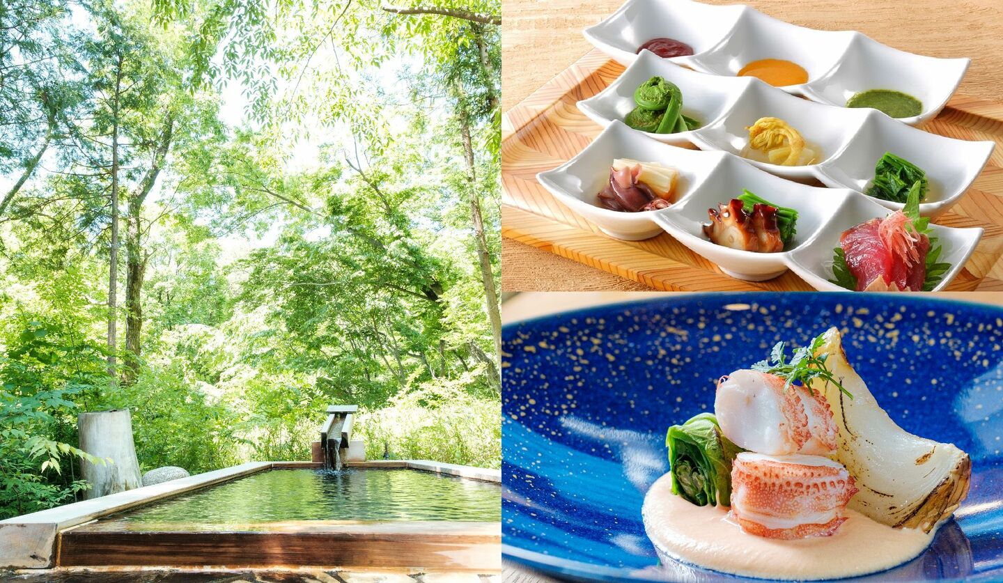 「温泉山荘だいこんの花」の貸切露天風呂「朝かぜ」と春の料理