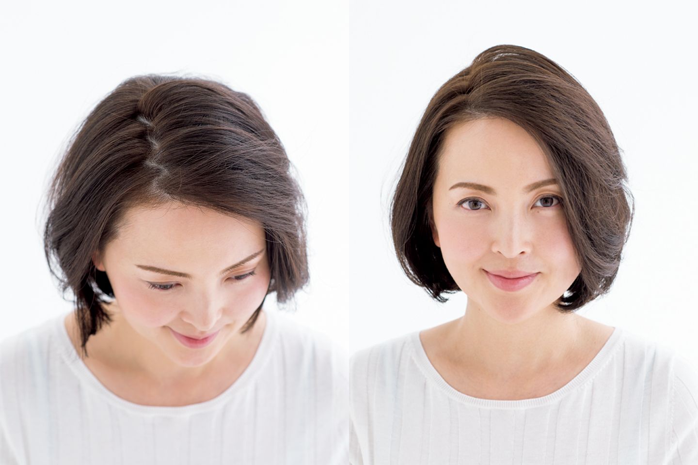 頭頂部から/額側からつむじのほうへ、コームの柄の先端などを使い、小刻みに「ジグザグ」させて分け目をつくります。髪を分けたら、ふんわりと整える程度にし、ボリュームを潰さないように。正面から/「く」の字分けよりも、さらにトップにボリュームが出るのが特長。丸顔さんをほっそり見せる効果大。