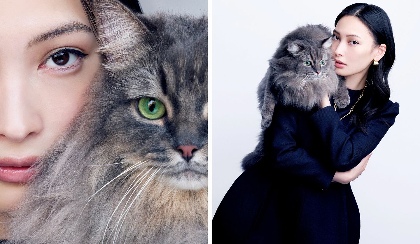 猫を抱いたモデルの大政 絢さん