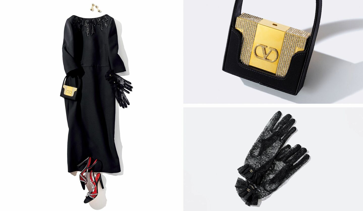 ヴァレンティノのワンピースを主役にしたコーディネートとヴァレンティノのバッグとグローブ
