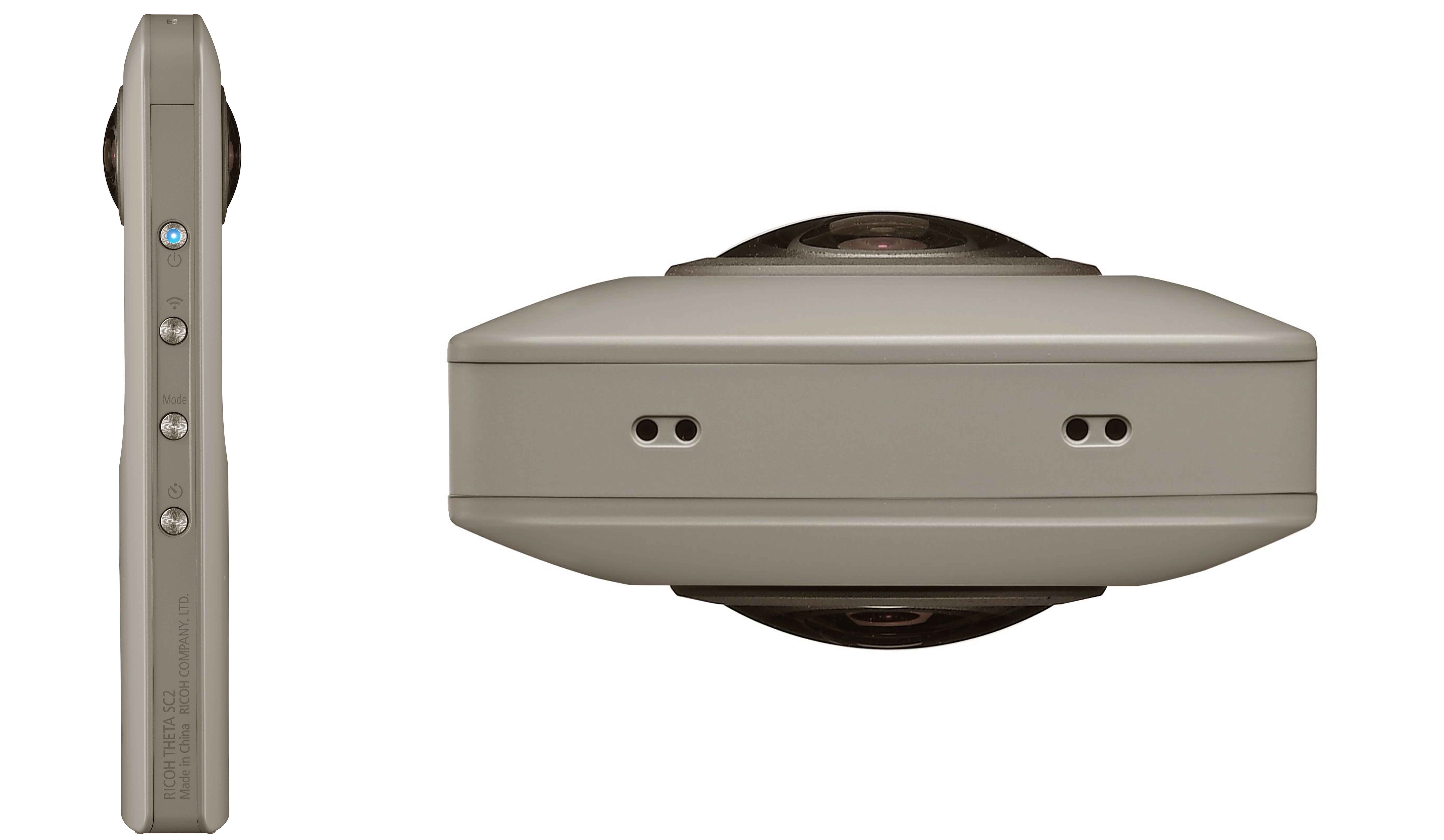 『RICOH THETA SC2 for Business』手のひらに収めるデザイン。サイドには電源ボタン、無線ボタン、モードボタン、セルフタイマーボタンが配置されている。