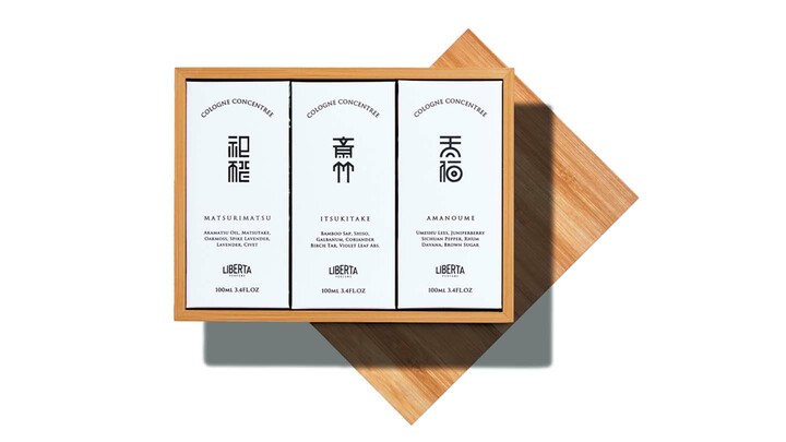 マツリマツ　コロンコンサントレ・イツキタケ コロンコンサントレ・アマノウメ コロンコンサントレ 各100㎖ ￥11,000　特製の竹の箱に3品をセットした縁起のいい松竹梅セット