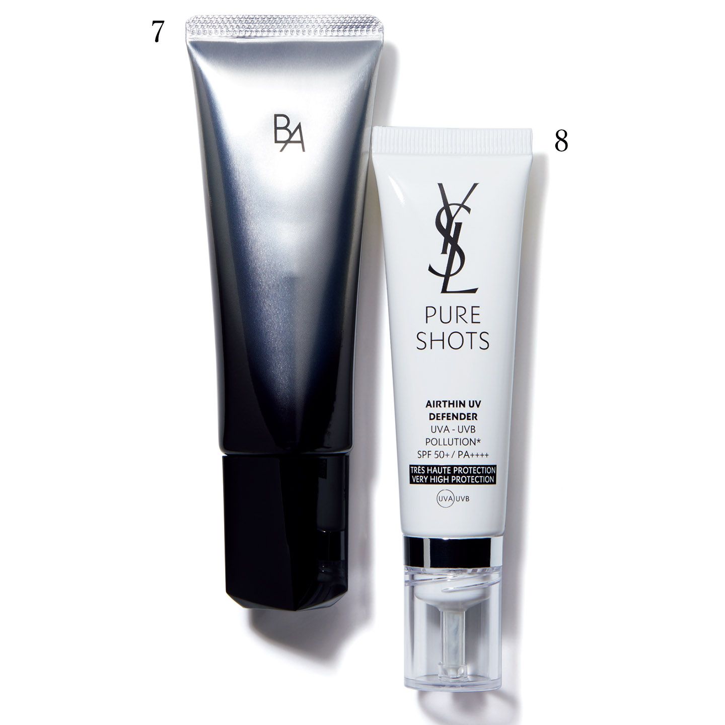 7.ポーラ B.A ライト セレクター SPF50+・PA++++ 45g ¥11,000、8.イヴ・サンローラン・ボーテ ピュアショット UV50 SPF50+・PA++++ 30㎖ ¥6,500(5月22日発売)