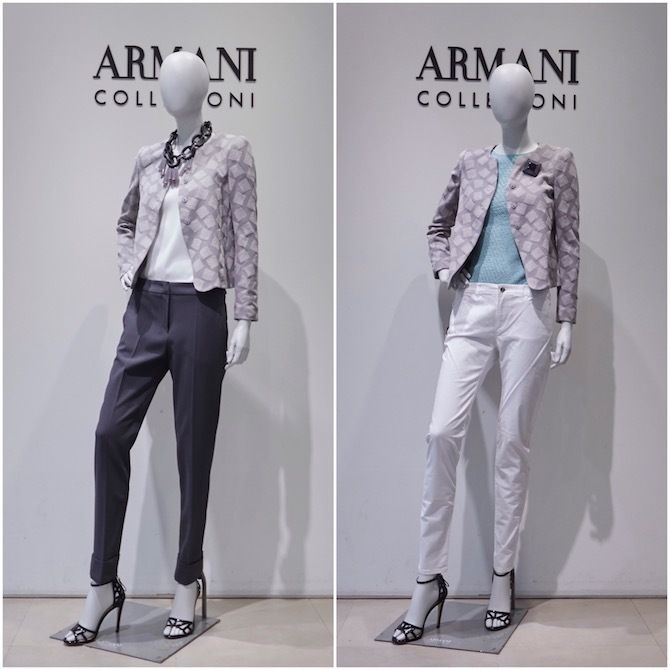 ジャケット ¥110,000 【左】ブラウス ¥48,000、 パンツ¥64,000、ネックレス ¥66,000 【右】パンツ¥27,000、ニット ¥58,000、 ブローチ ¥20,000