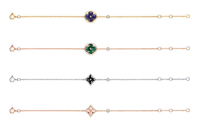 写真上から／ブラスレ サン ブロッサムBB [イエローゴールド×ラピス・ラズリ×ダイヤモンド]￥311,000、ブラスレ サン ブロッサムBB [ピンクゴールド×マラカイト×ダイヤモンド]￥257,000、ブラスレ スター ブロッサムBB [ホワイトゴールド×オニキス×ダイヤモンド]￥244,000、ブラスレ スター ブロッサムBB [ピンクゴールド×ピンクマザー・オブ・パール×ダイヤモンド]￥230,000 (税抜)