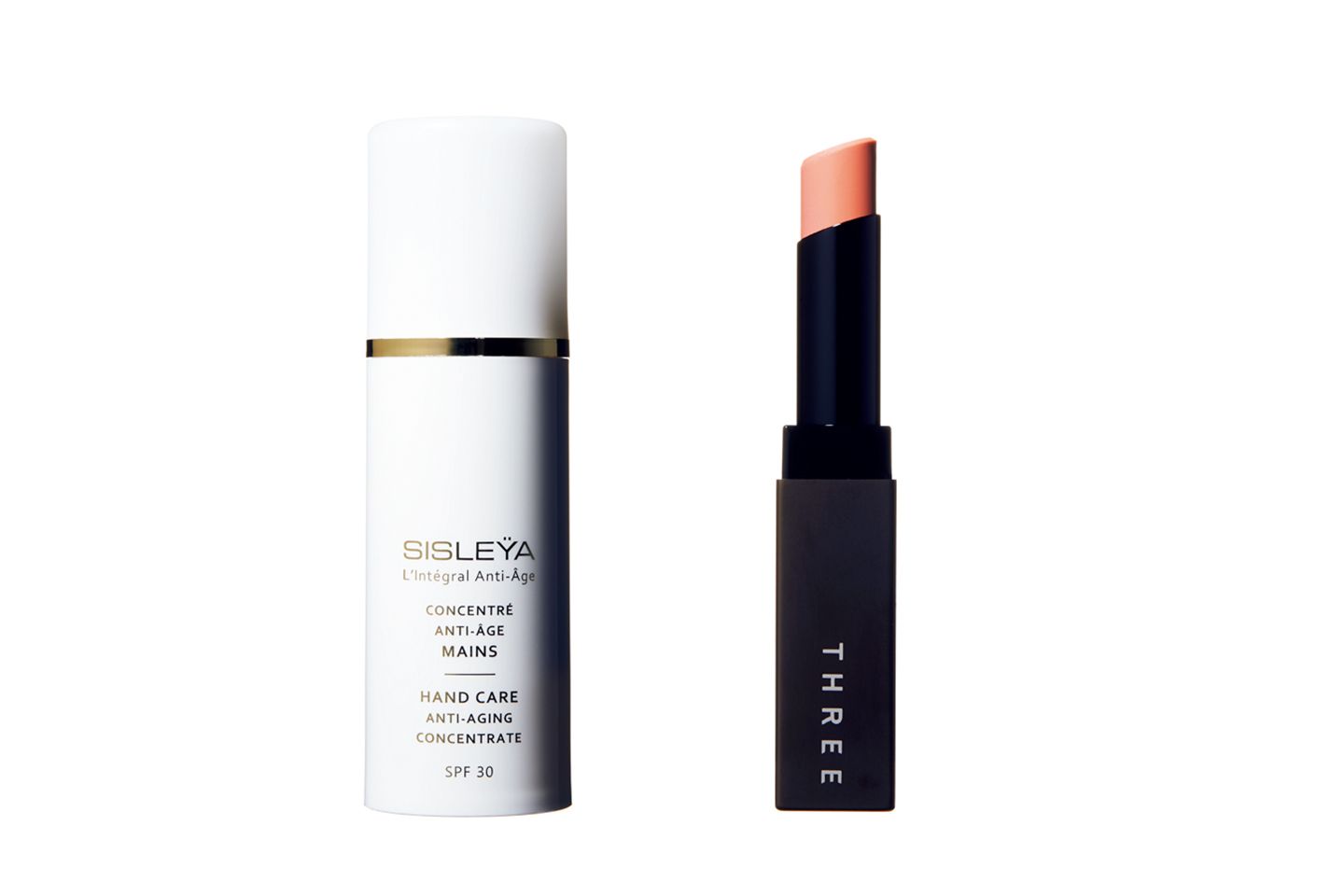 左から/シスレー シスレイヤインテグラル コンセントレートハンド SPF30 75ml ¥14,500、THREE リップコンシャス プロテクター SPF35・PA+++ ¥2,800