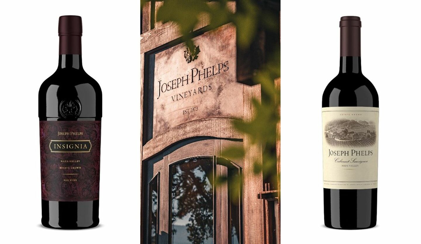 「Joseph Phelps Vineyards」のブドウ園と赤ワイン2本