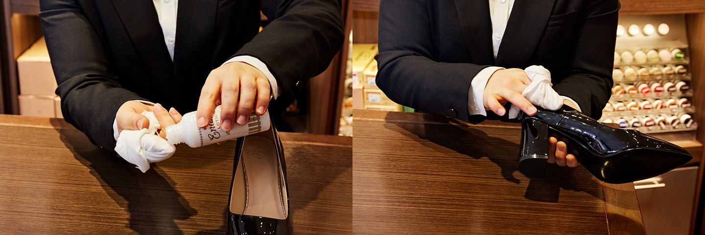 専用のローションで靴全体を磨く