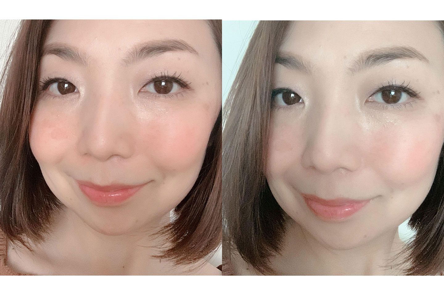 こちらはどちらも同じメイクなのに、これだけ顔色のトーンが違って見えるのです。