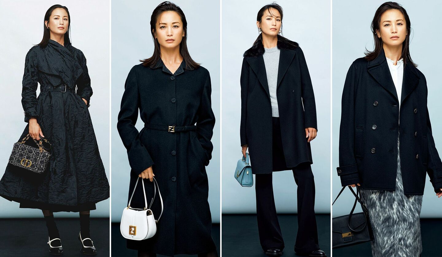 最旬のブラックコートは着るモデル黒田エイミさんの写真4つ